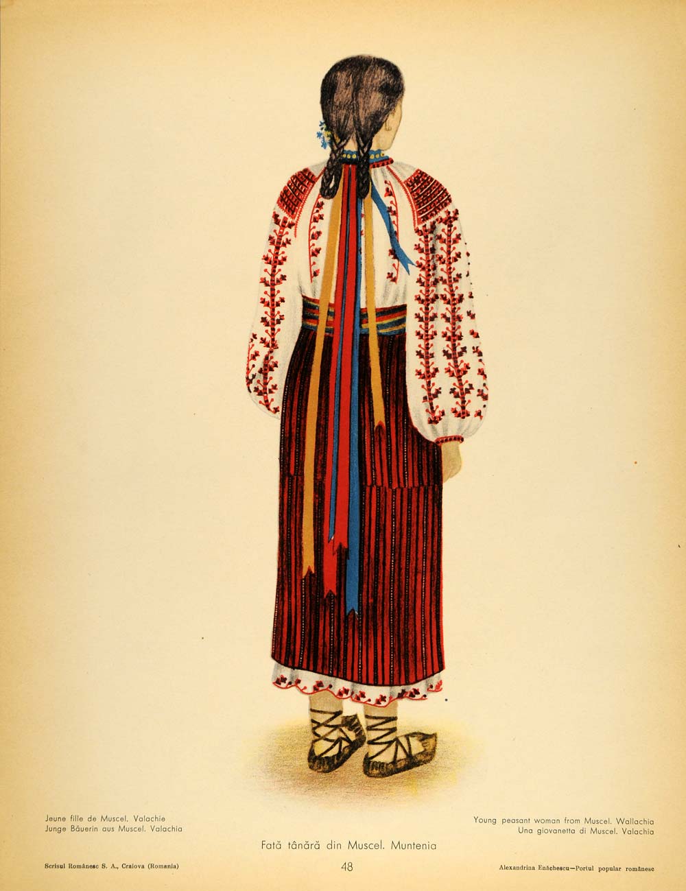 1937 Folk Costume Romanian Peasant Woman Ribbons Print - ORIGINAL COS5