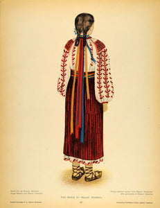1937 Folk Costume Romanian Peasant Woman Ribbons Print - ORIGINAL COS5