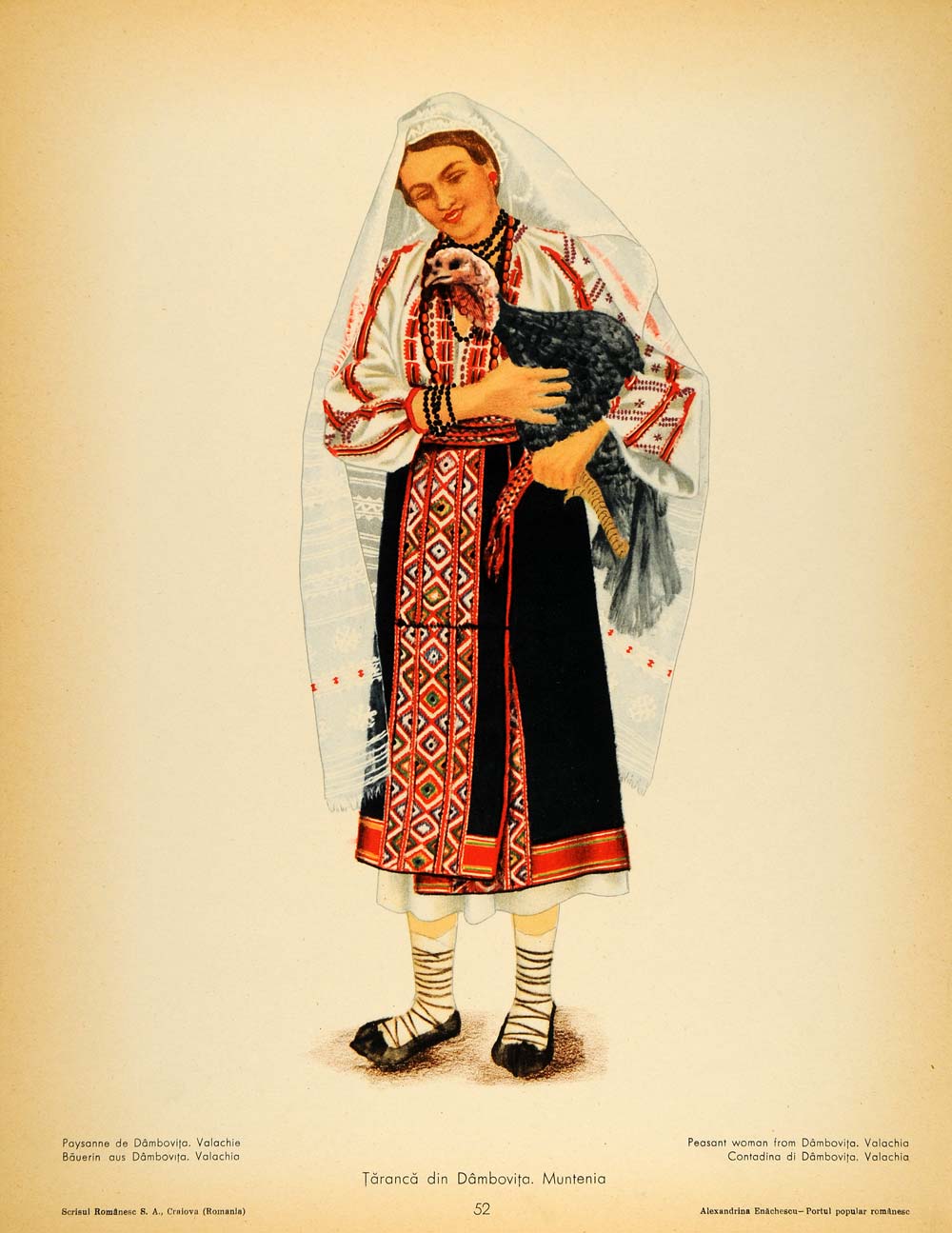 1937 Folk Costume Romania Woman Turkey Dambovita Print - ORIGINAL COS5