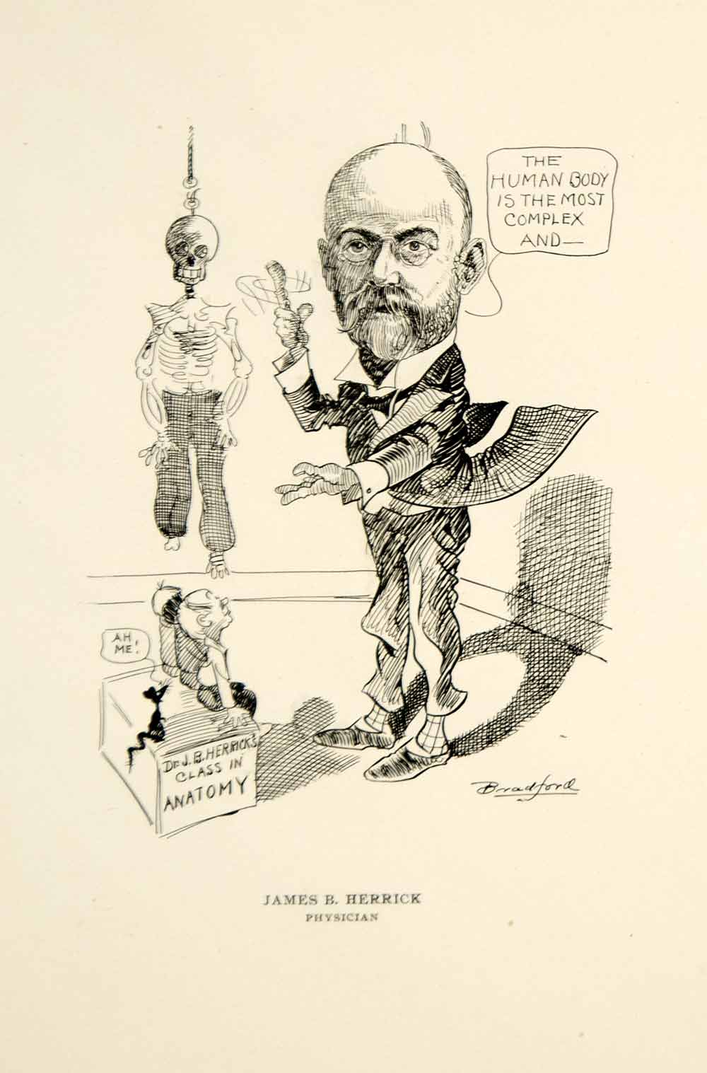 1904 Lithograph James B. Herrick Physician Doctor W.R. Bradford Cartoon Art CPC1