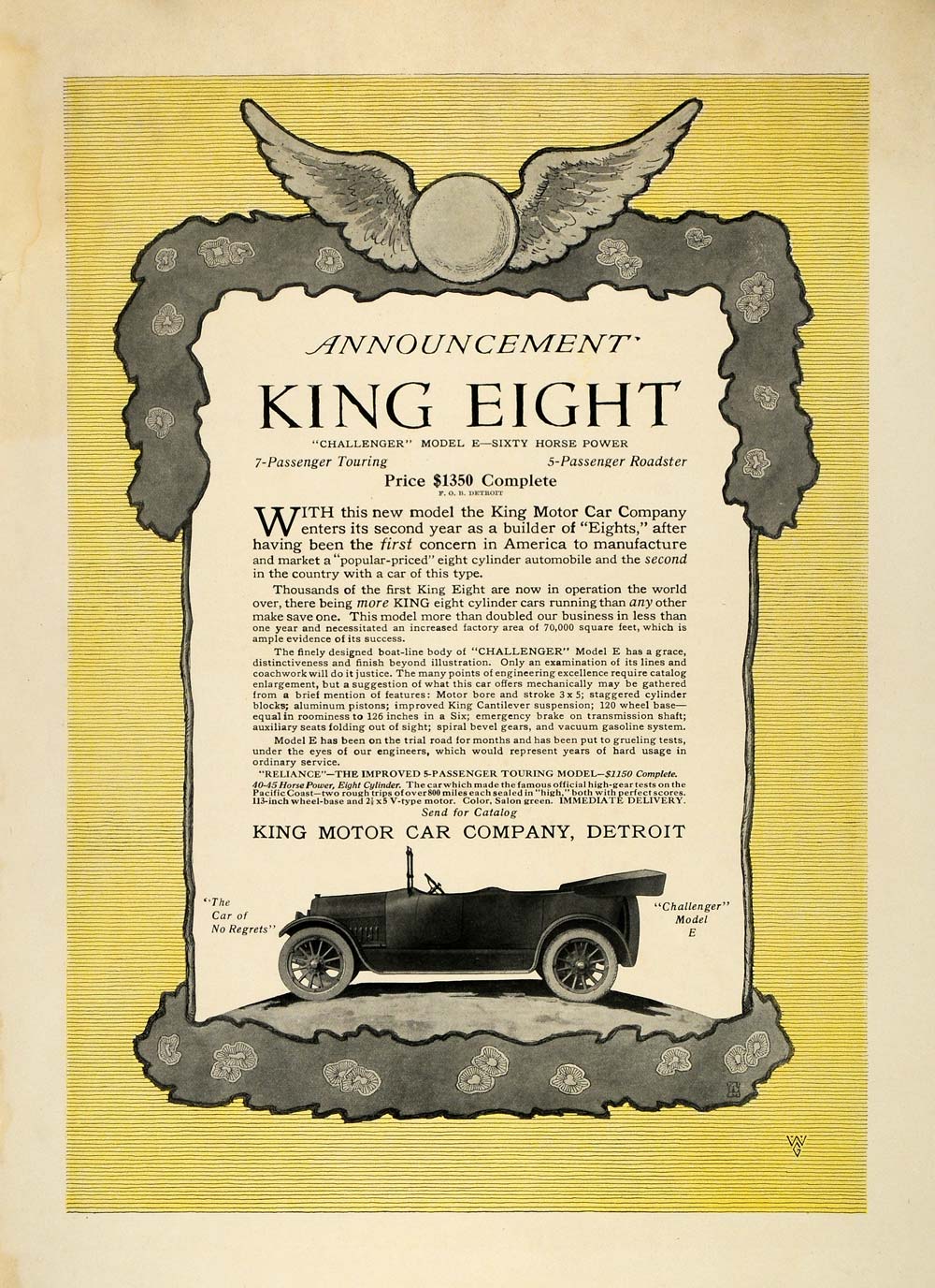 1916 Ad King Motor Car Eight Challenger Model E Vehicle Touring Floral CSM1