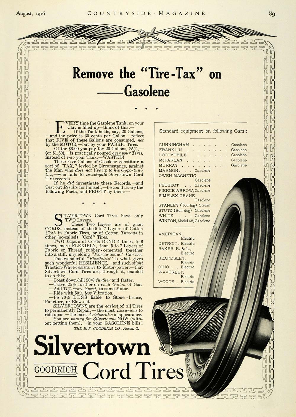 1916 Ad B. F. Goodrich Silvertown Rubber Cord Car Tires Tread Driving ...