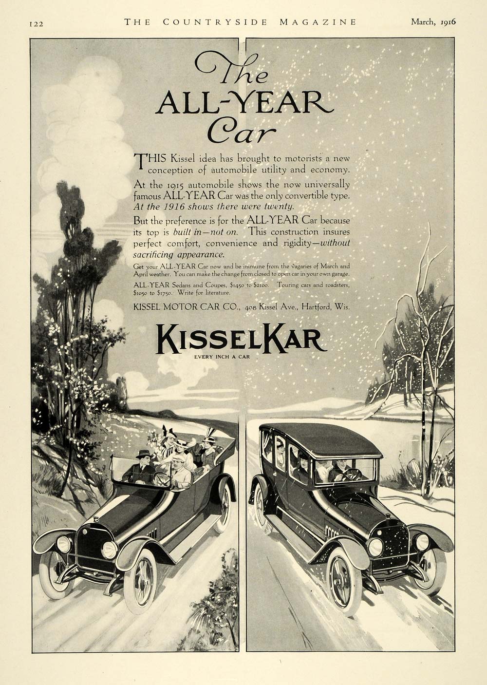1916 Ad Kissel Motor Car KisselKar Season Driving Snow Summer Convertible CSM1