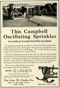1916 Ad Geo. W. Clarke Campbell Oscillating Lawn Grass Sprinkler Yard CSM1