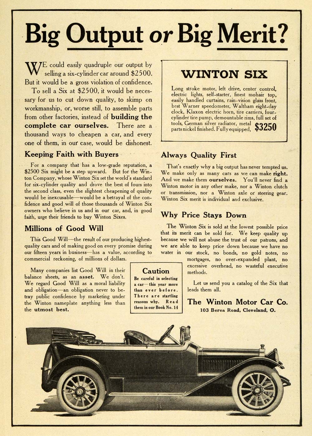 1913 Ad Antique Winton Six Motor Car Automobile Pricing 103 Berea Road CSM1