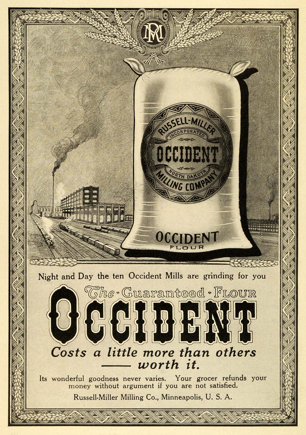 1913 Ad Occident Flour Sack Russell Miller Milling Factory Minneapolis