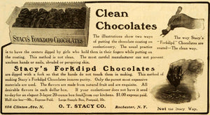 1906 Ad O. T. Stacy Forkdipd Clean Chocolates Fondu Dessert Sweets Package CSM1