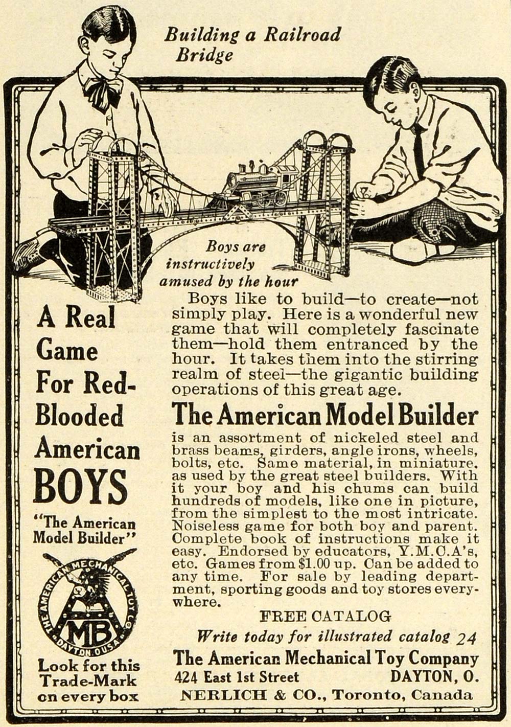 1913 Ad American Mechanical Boys Toy Model Builder Railroad Bridge CSM1