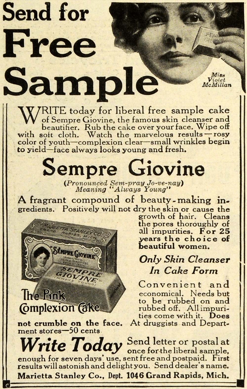 1914 Ad Sempre Giovine Pink Complexion Soap Violet McMillan Marietta CSM1
