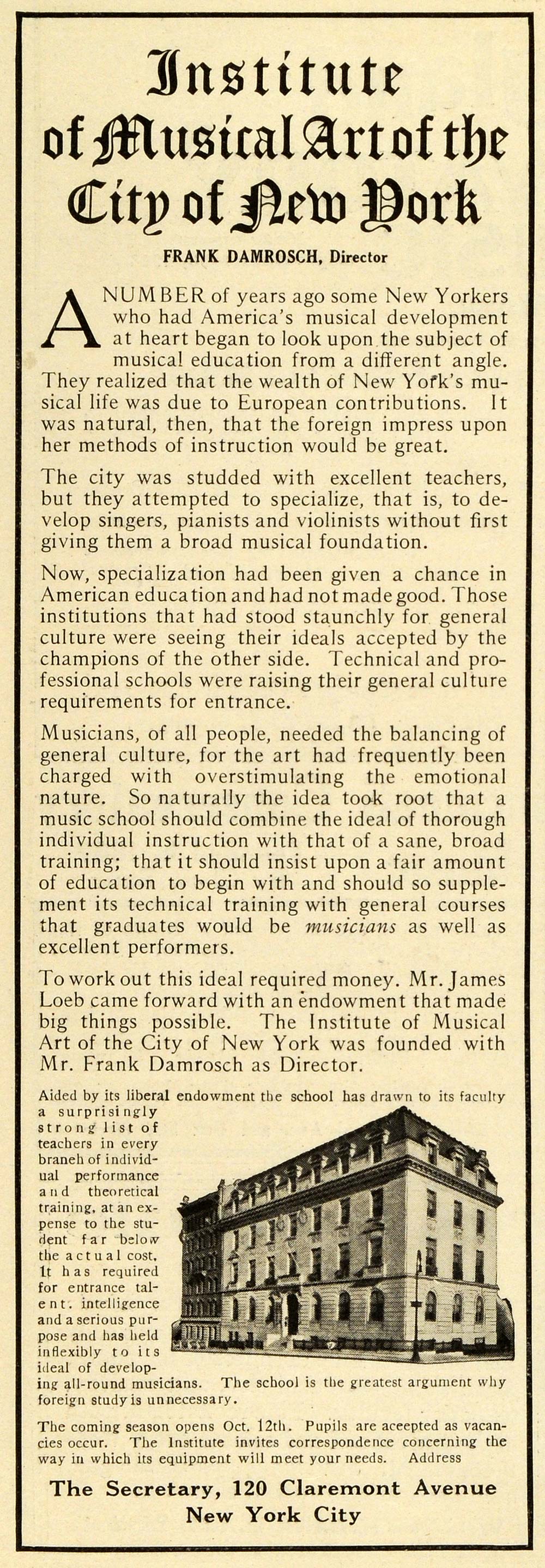 1914 Ad Institute Musical Art New York Juilliard School Director Frank CSM1