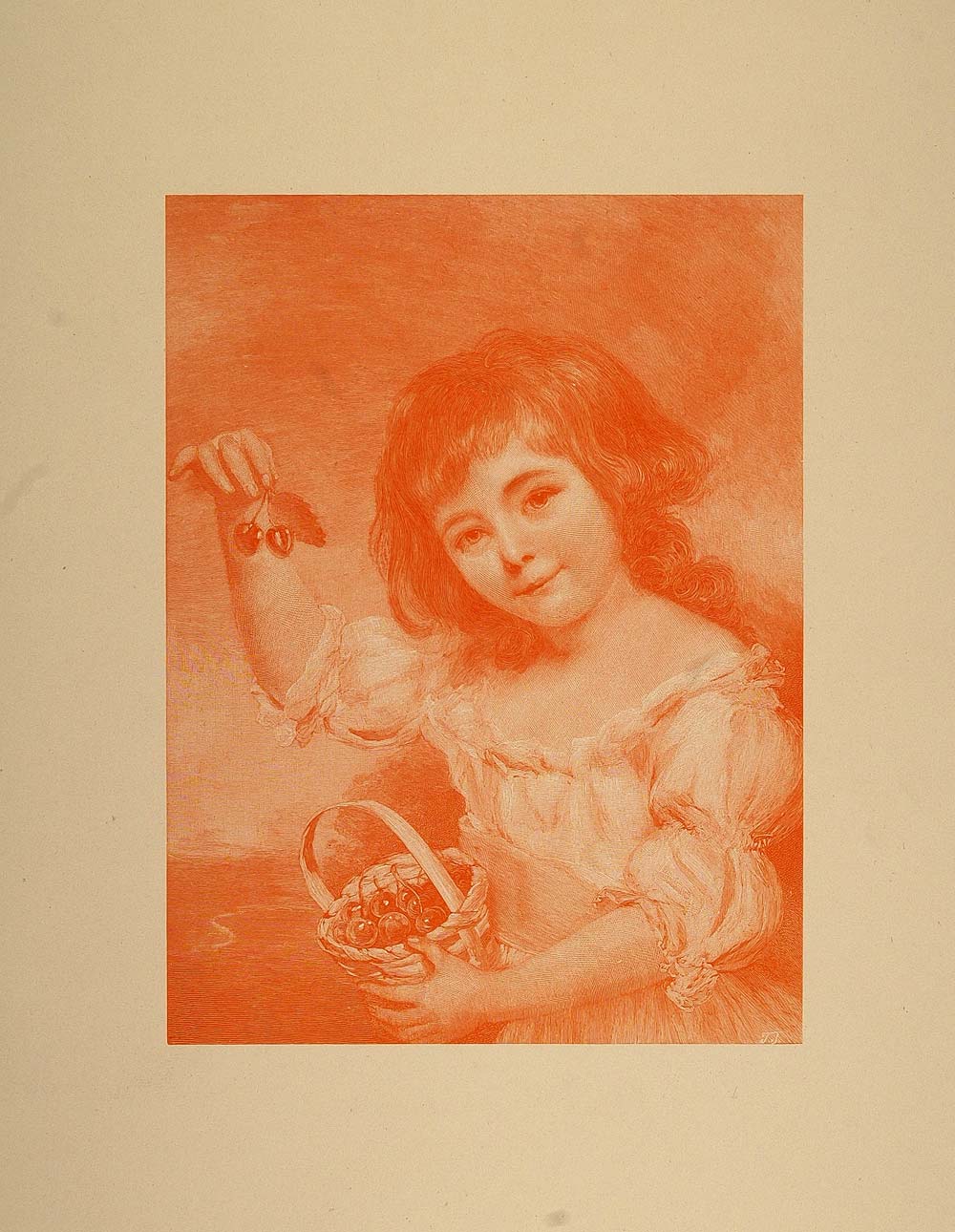 1893 Print Victorian Child Basket Cherries John Russell - ORIGINAL CT2