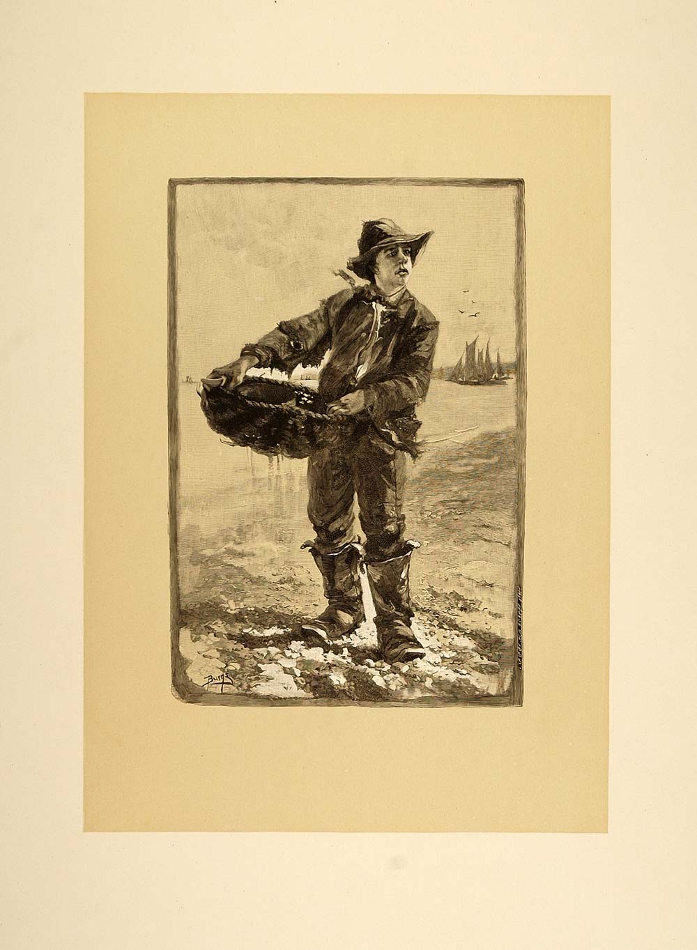 1893 Print Fisher Boy Fish Basket Fishing M. J. Burns - ORIGINAL