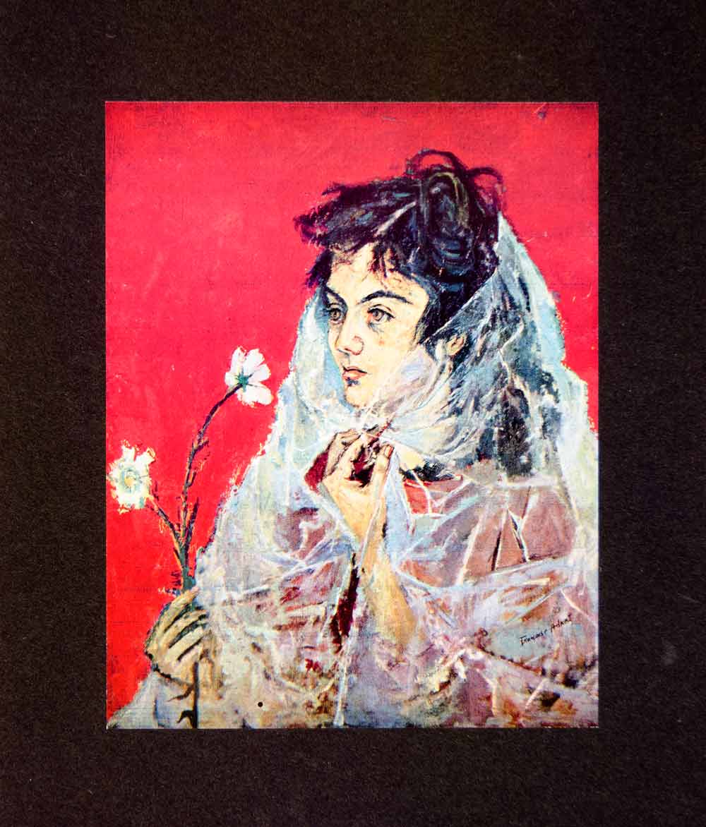 1955 Color Print Landry Woman Portrait Flower Gaze Expression Francois CVF1