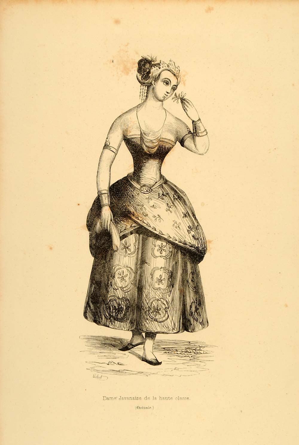 1843 Engraving Javanese Lady Costume Java Indonesia - ORIGINAL CW1