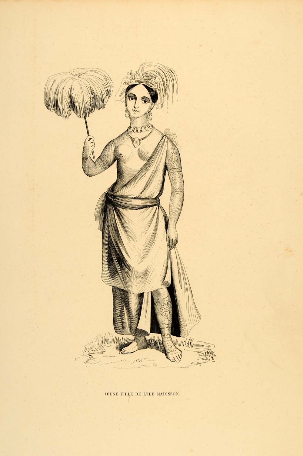 1843 Engraving Costume Body Art Woman Nuku Hiva Island - ORIGINAL CW1