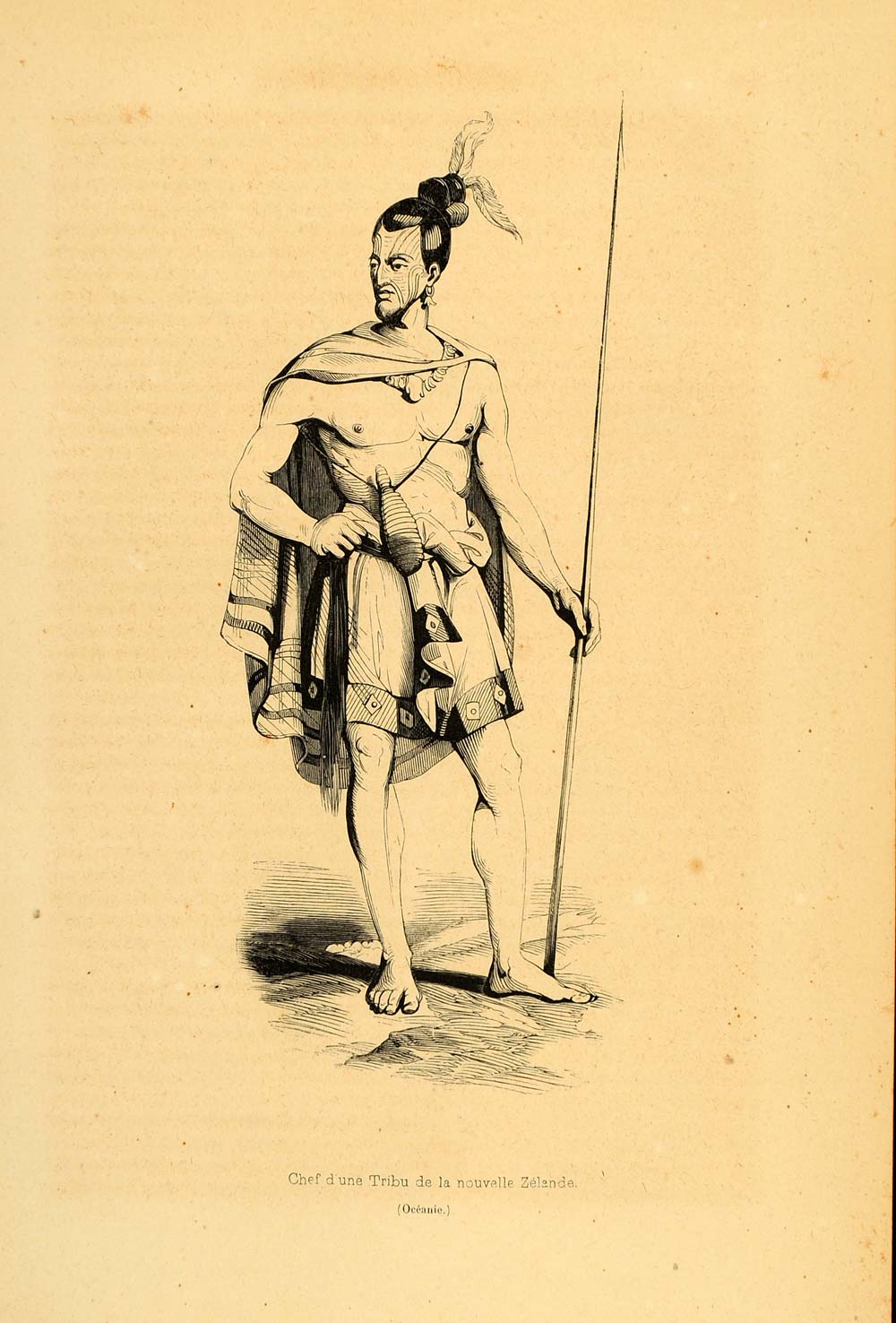 1843 Engraving Costume Chief New Zealand Man Body Art - ORIGINAL CW1