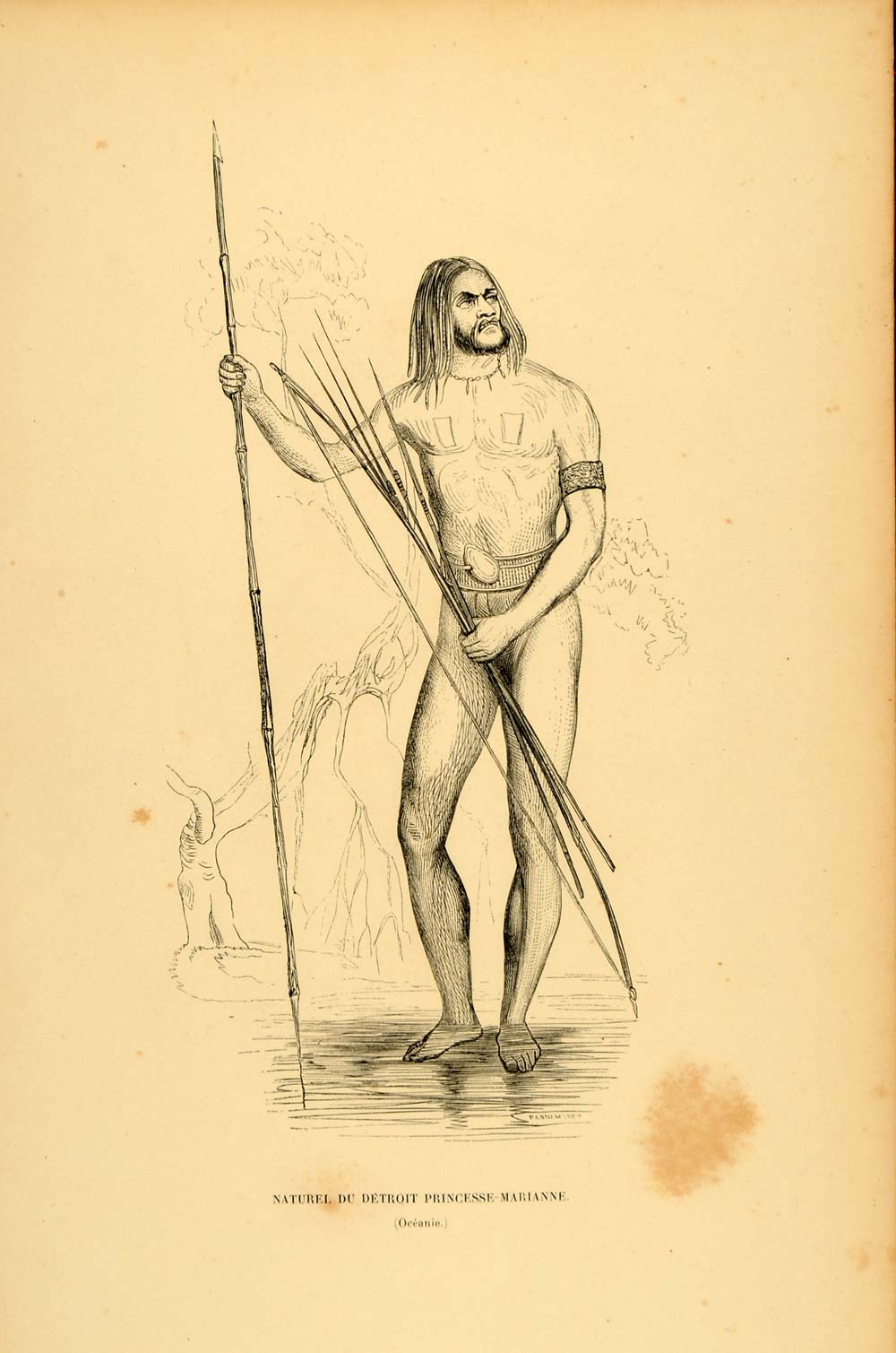 1843 Engraving Costume Man Hunter Spear Bow New Guinea - ORIGINAL CW1