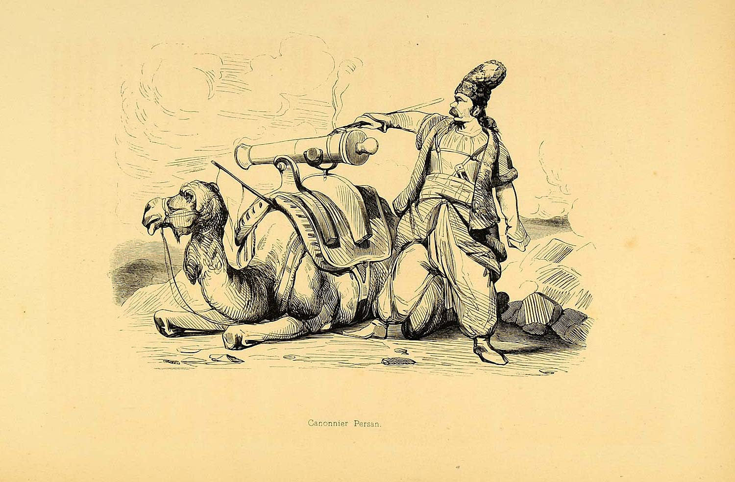 1843 Engraving Costume Persian Gunner Cannon Camel Iran - ORIGINAL CW2 - Period Paper
