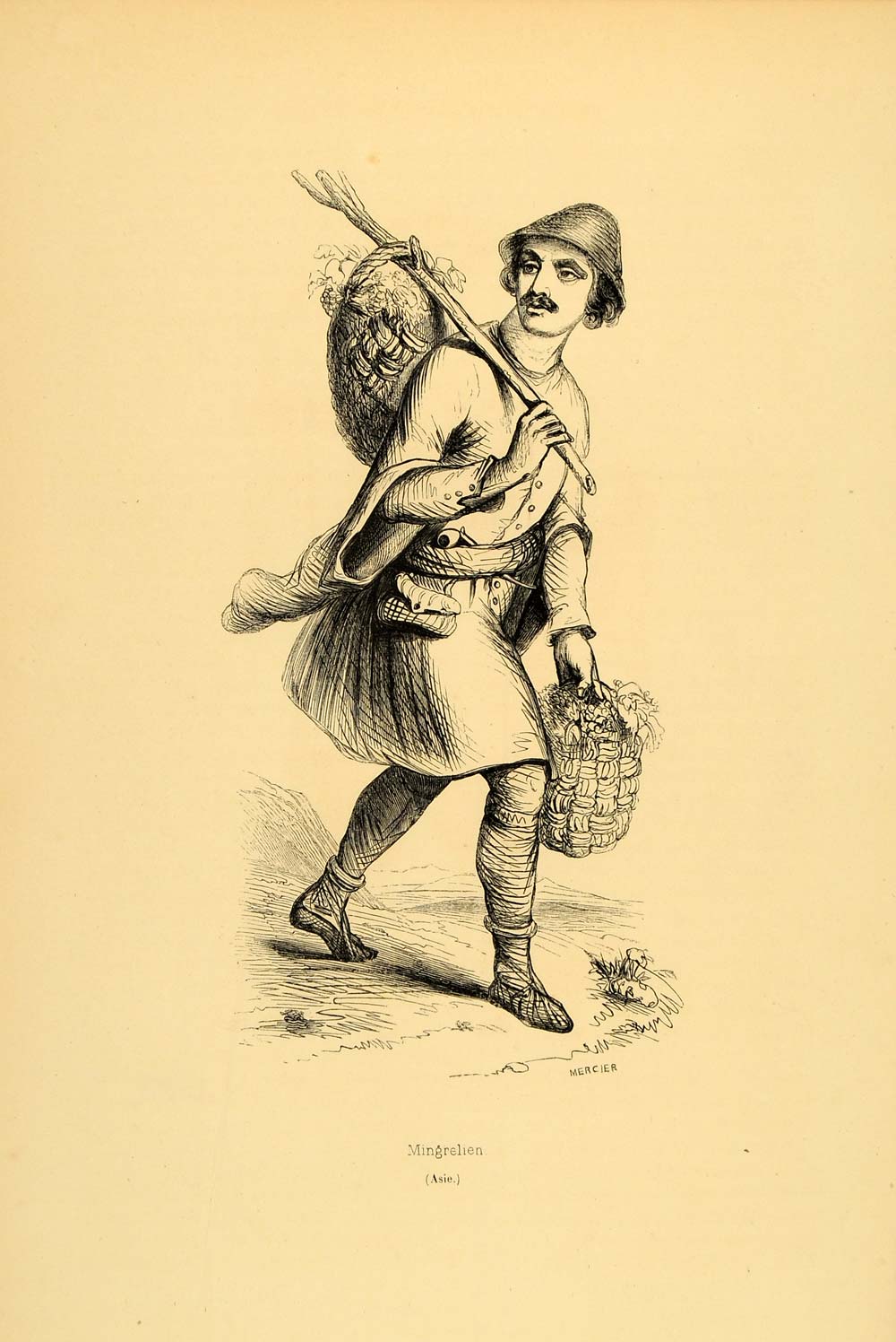1843 Engraving Costume Peasant Man Samegrelo Mingrelia - ORIGINAL CW2