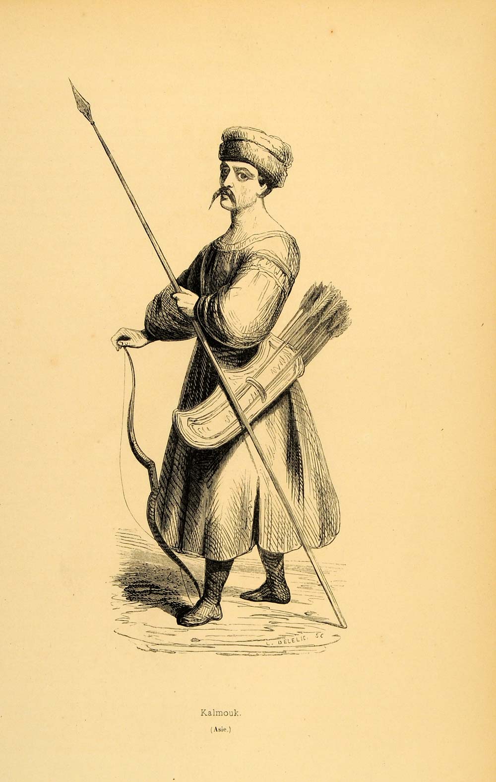 1843 Engraving Costume Kalmyk Man Bow Kalmykia Russian - ORIGINAL CW2