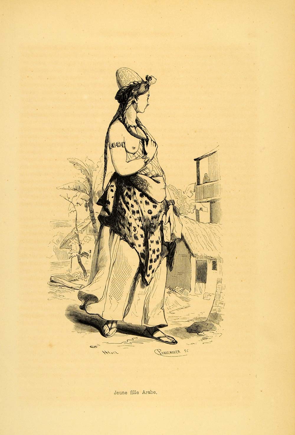 1843 Engraving Costume Arab Woman Girl Folk Dress Hat - ORIGINAL CW2