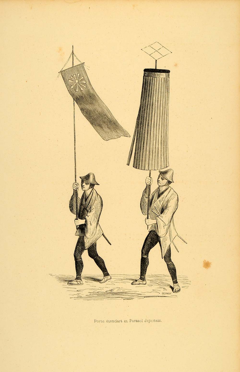 1843 Engraving Costume Japanese Men Parasol Umbrella - ORIGINAL CW2