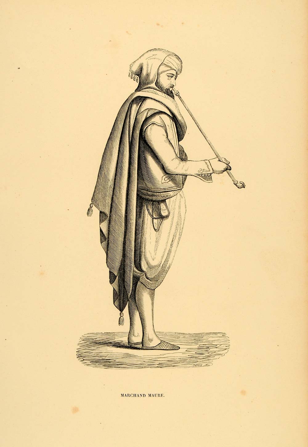 1844 Engraving Costume Man Moorish Merchant Africa Pipe - ORIGINAL CW3