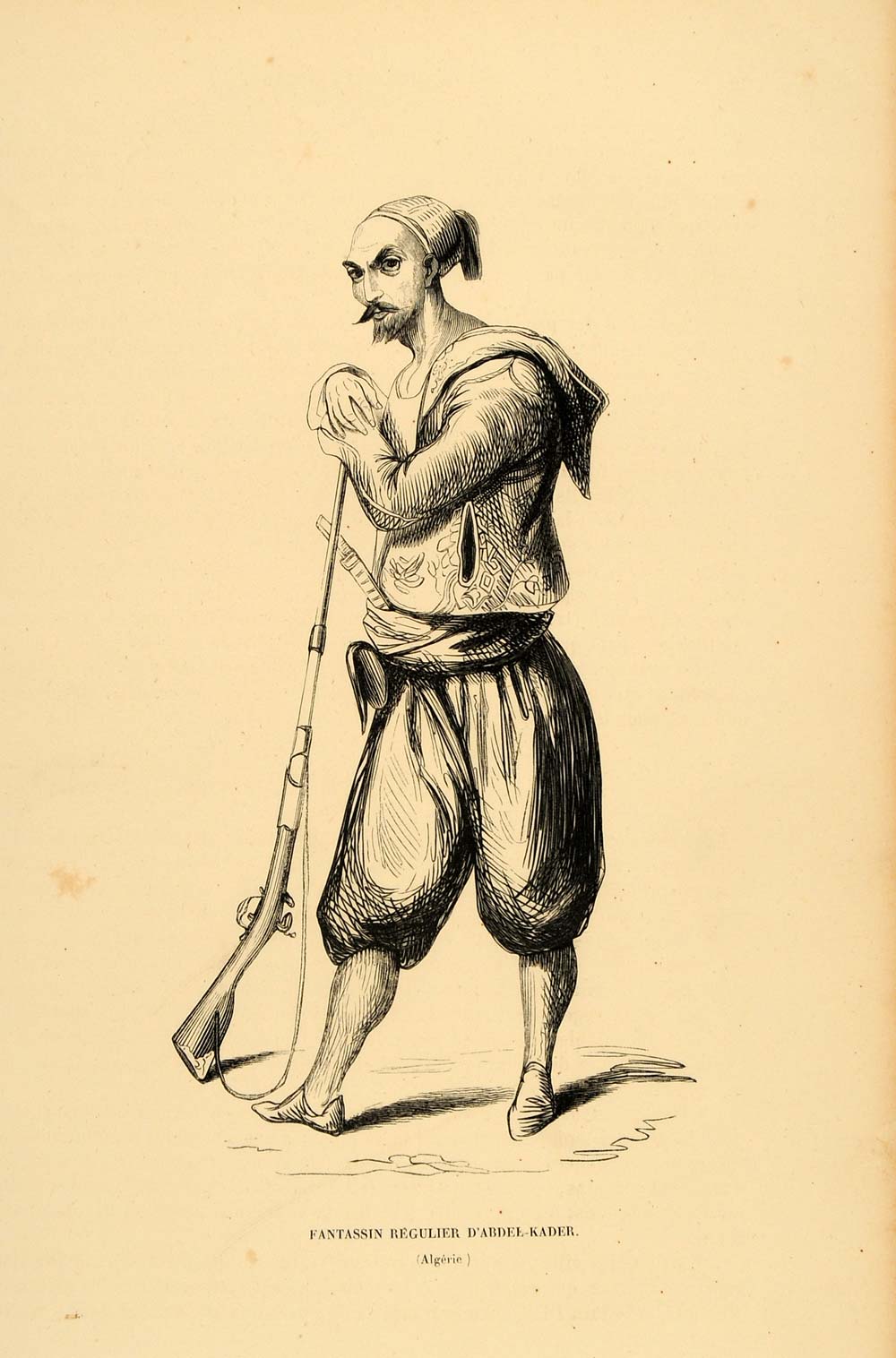 1844 Engraving Costume Infantry Soldier Gun Man Algeria - ORIGINAL CW3
