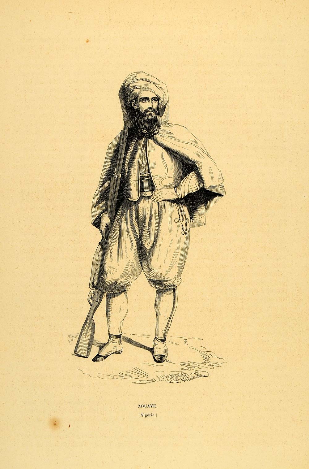 1844 Engraving Costume Zouave Soldier Gun Man Algeria - ORIGINAL CW3