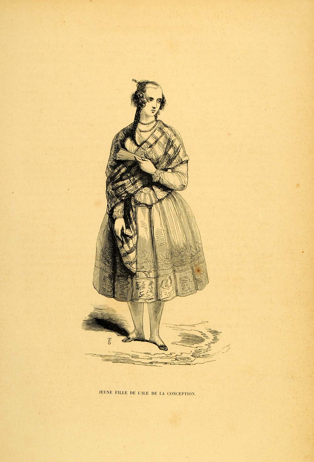 1844 Engraving Costume Woman Conception Island Shawl - ORIGINAL CW3