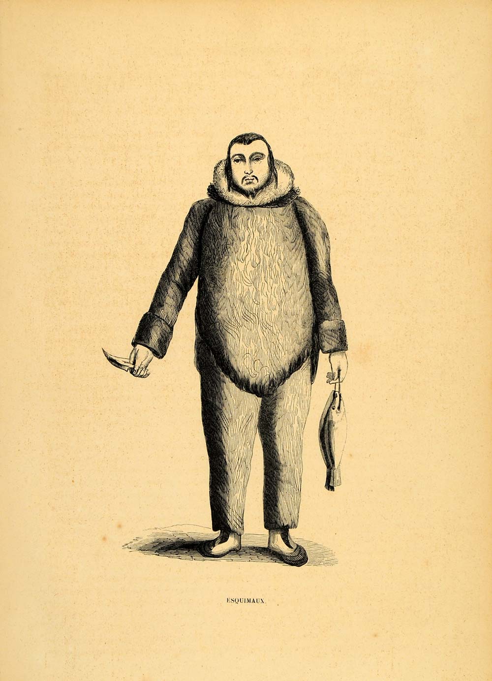1844 Engraving Costume Eskimo Esquimaux Man Sealskin - ORIGINAL CW3