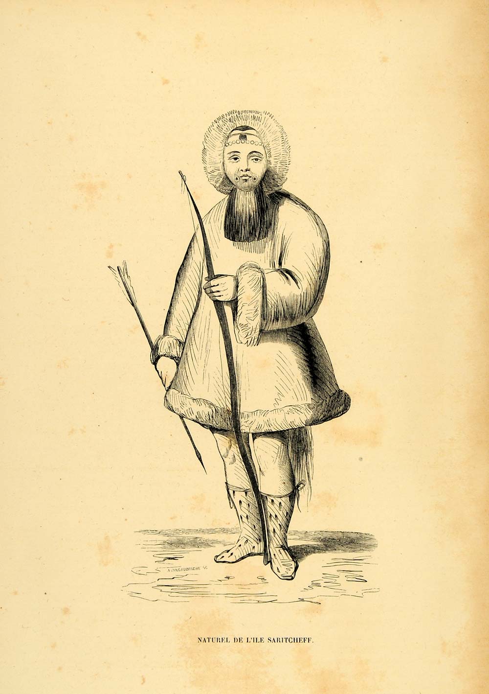 1844 Engraving Costume Eskimo Man Archer Bow Saritcheff - ORIGINAL CW3