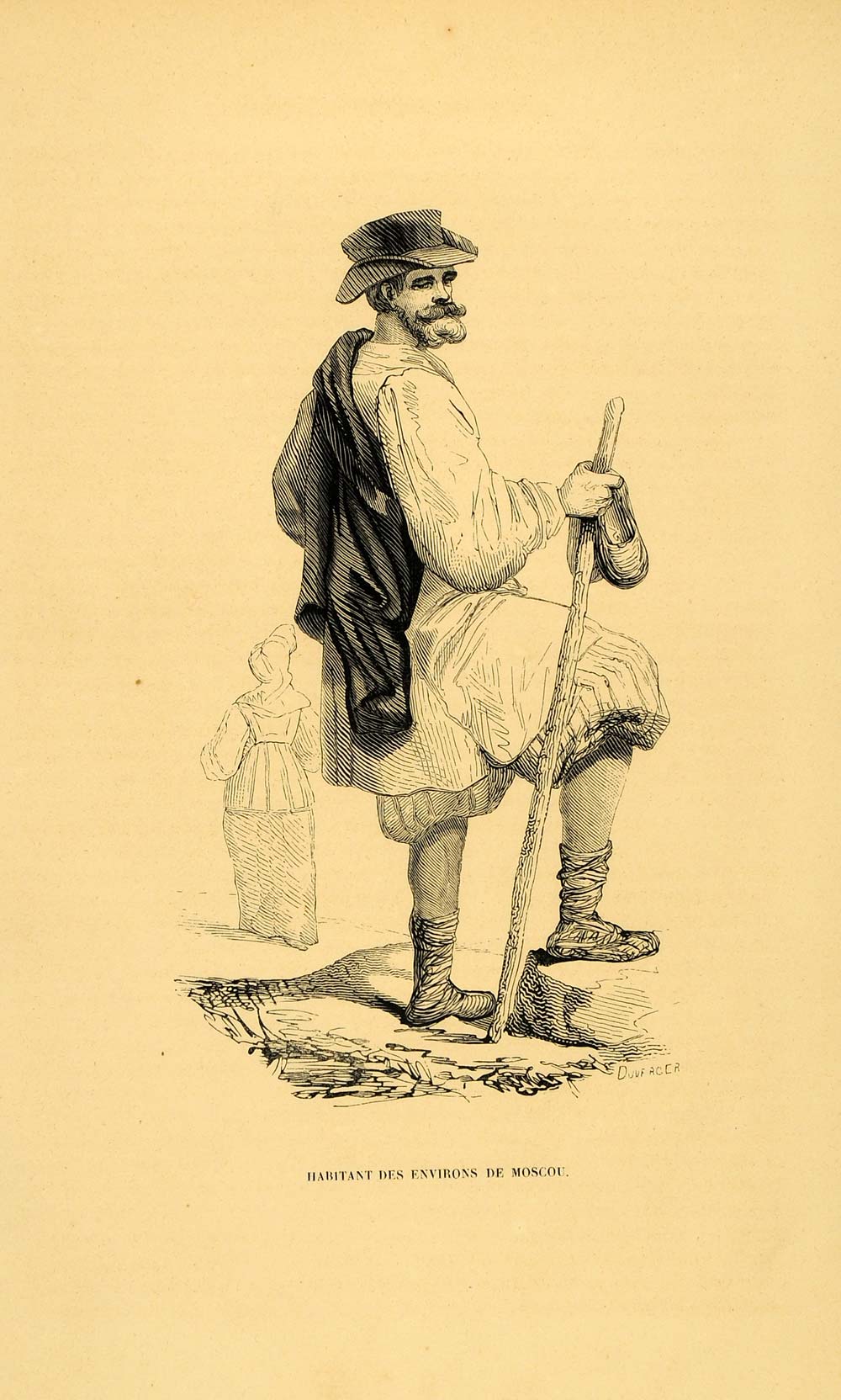 1844 Engraving Costume Russian Peasant Man Hat Russia - ORIGINAL CW4