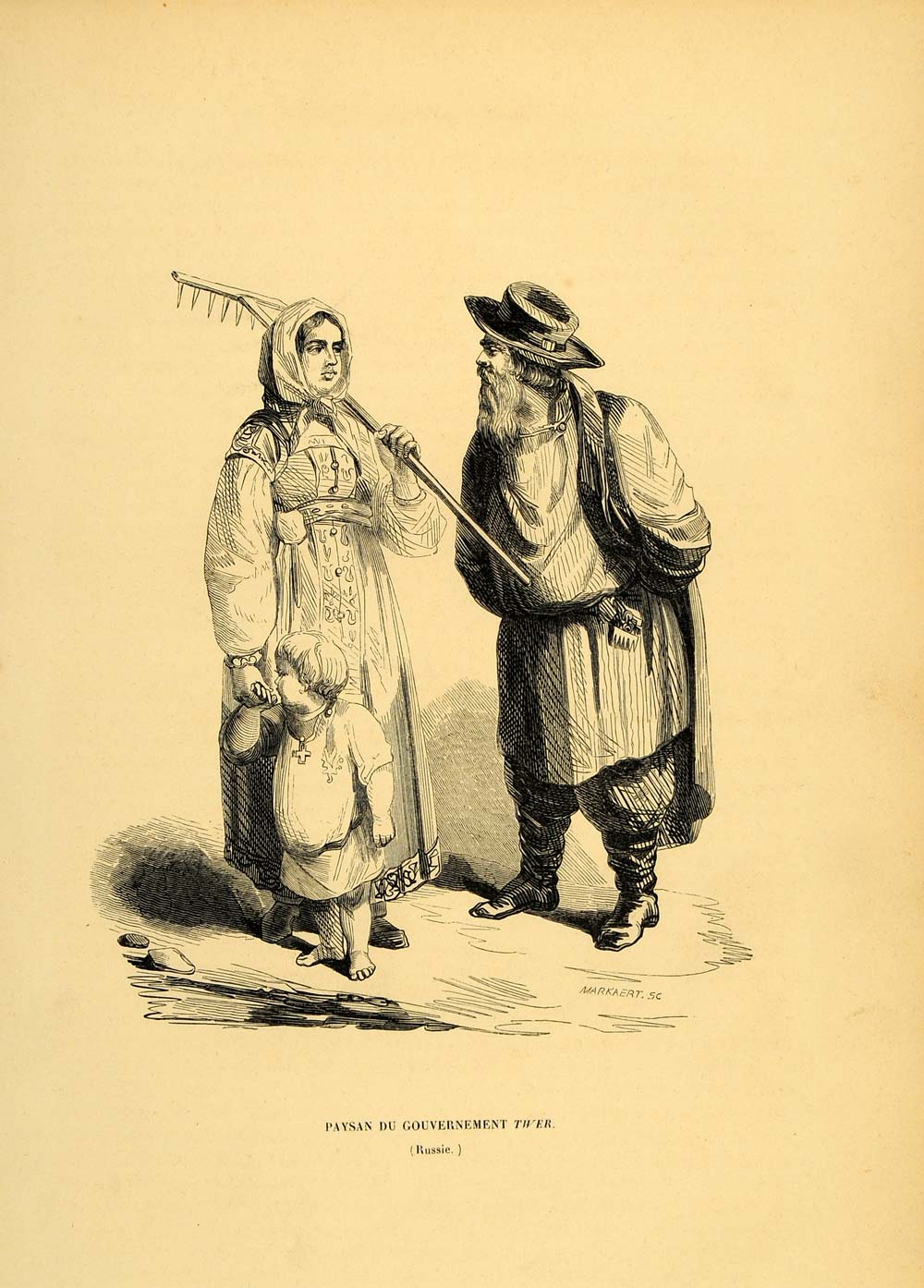 1844 Engraving Costume Russian Peasant Woman Child Tver - ORIGINAL CW4