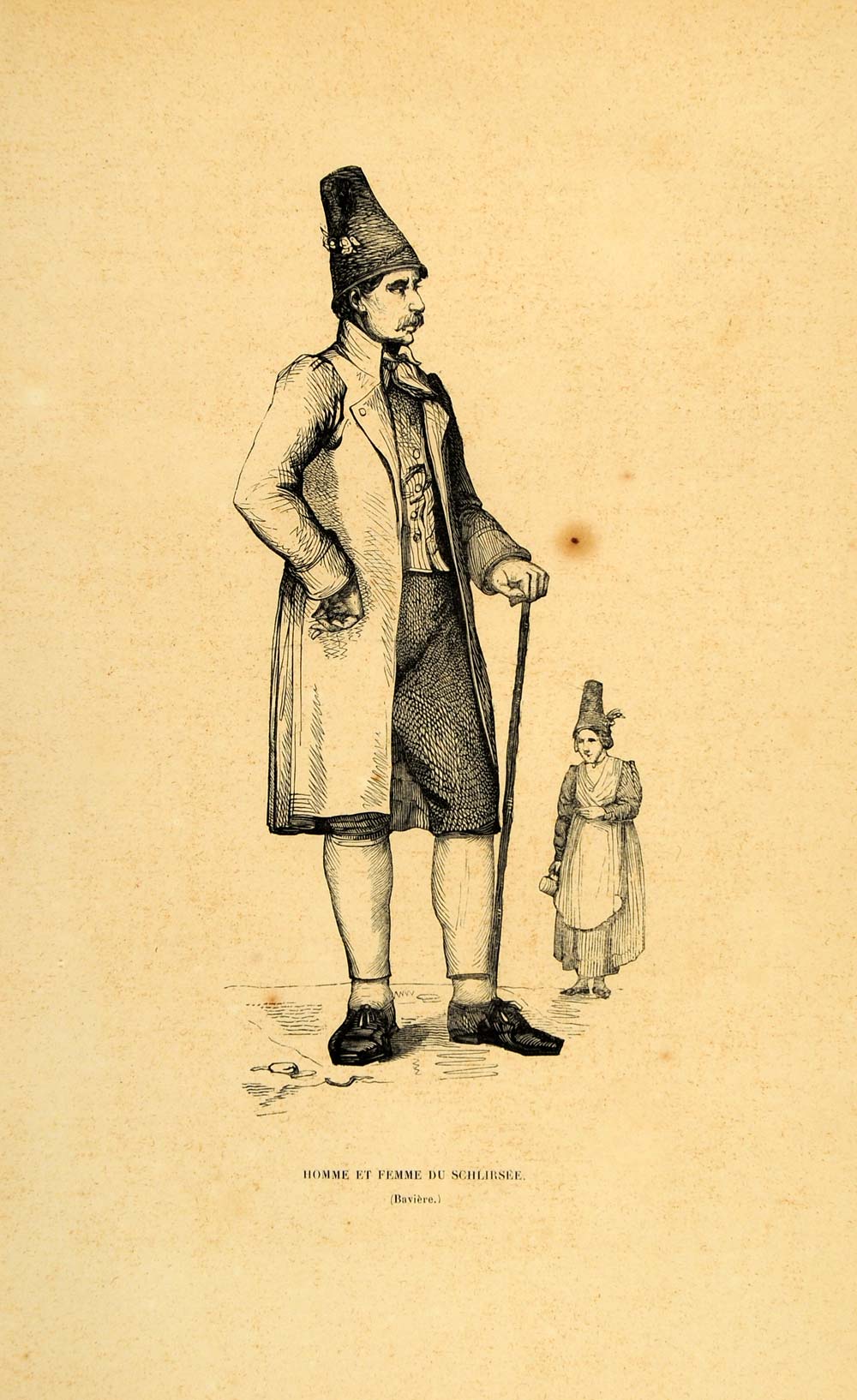 1844 Engraving Costume Bavaria Bavarian Man Hat Woman - ORIGINAL CW4