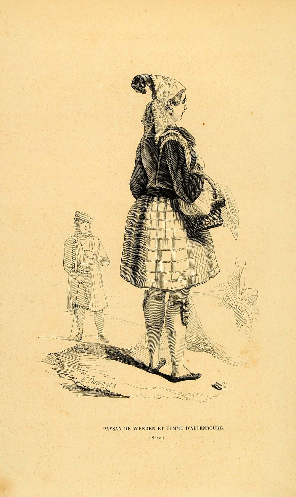 1844 Engraving Costume German Girl Woman Saxony Germany - ORIGINAL CW4