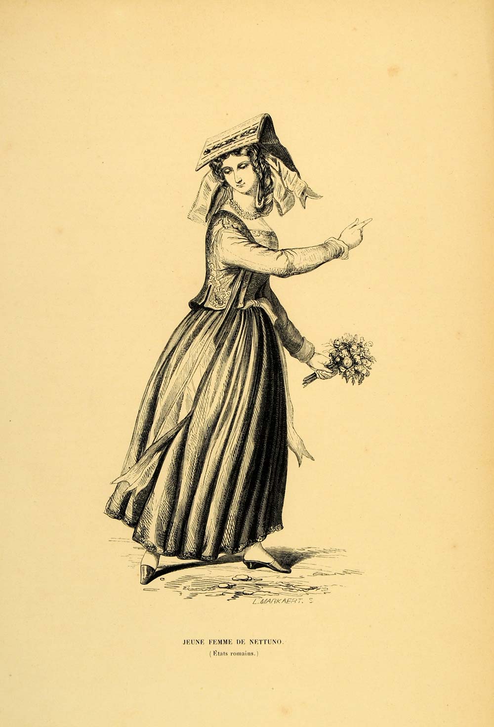 1844 Engraving Costume Woman Dress Hat Nettuno Italy - ORIGINAL CW4