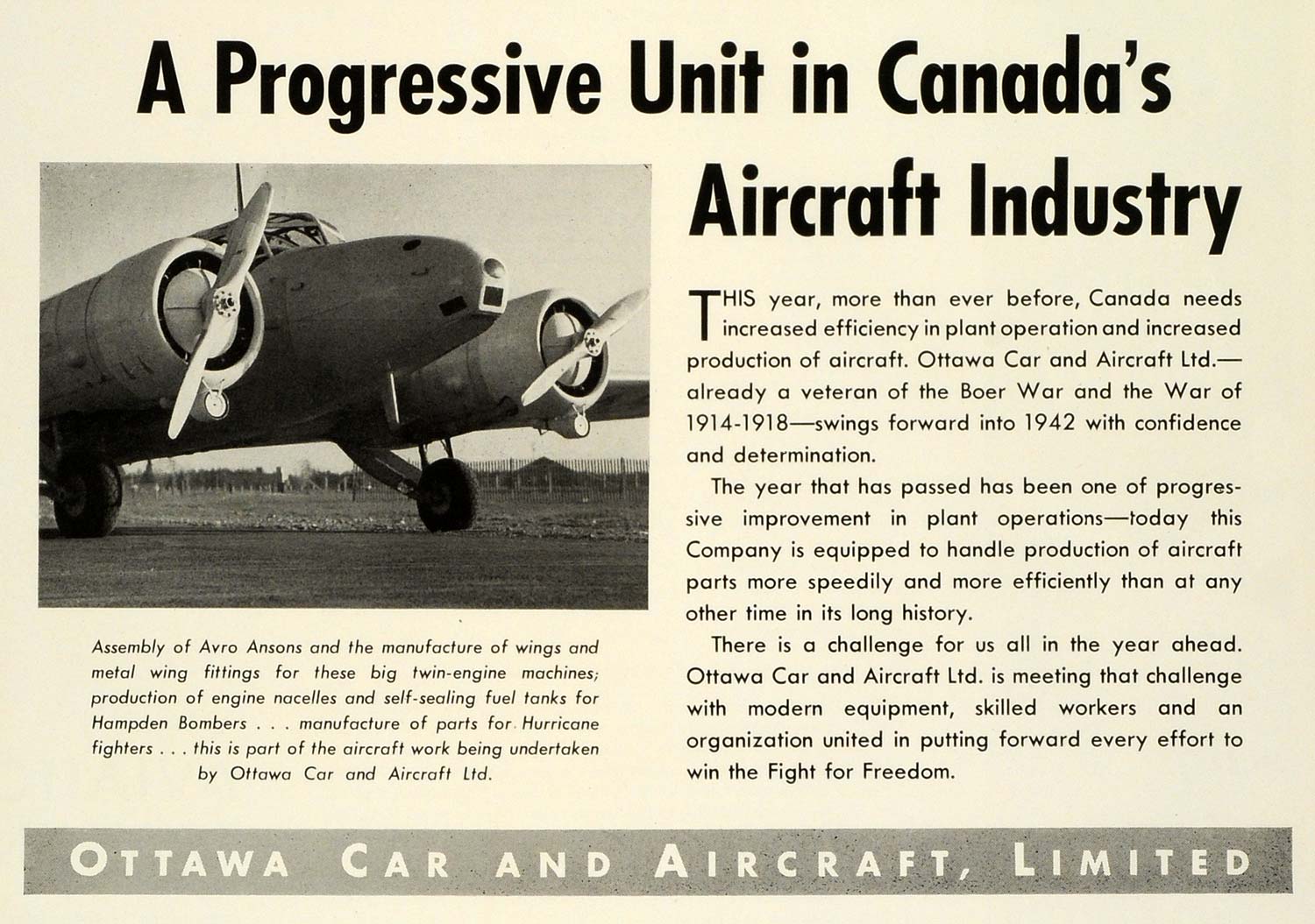 1942 Ad Ottawa Car & Aircraft Limited Canada Avro Ansons British Plane RAFC CWA1