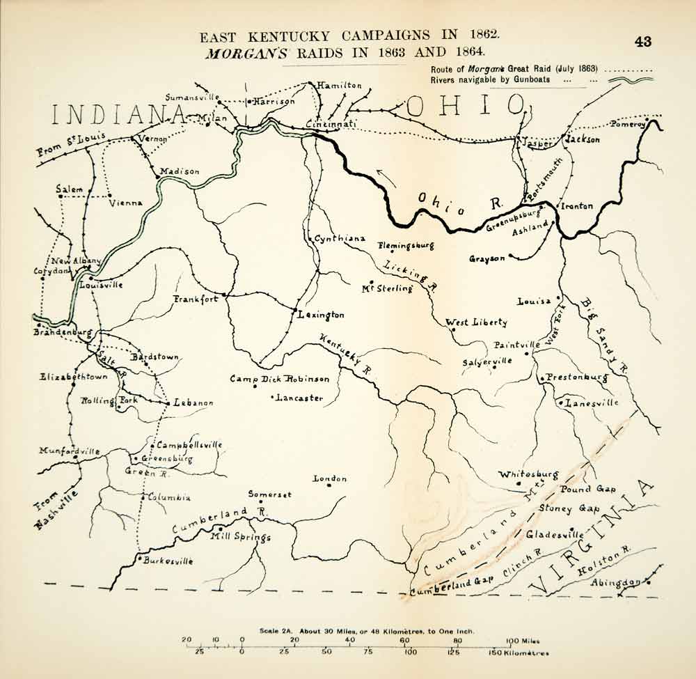 1910 Lithograph Map Kentucky Campaign Morgan Raid American Civil War Union CWM1