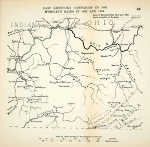 1910 Lithograph Map Kentucky Campaign Morgan Raid American Civil War Union CWM1