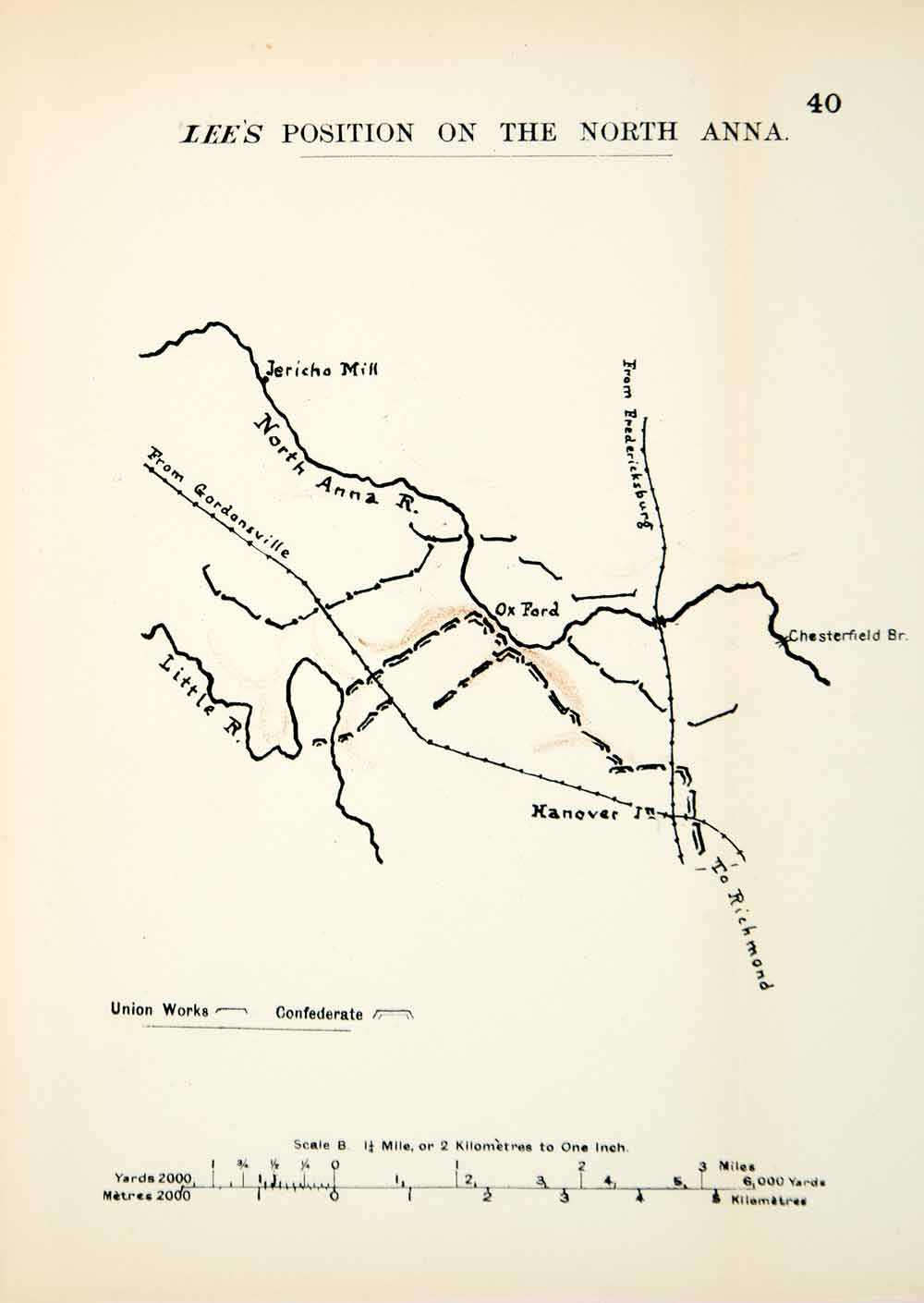 1910 Lithograph Map American Civil War North Anna River Robert Lee Position CWM1