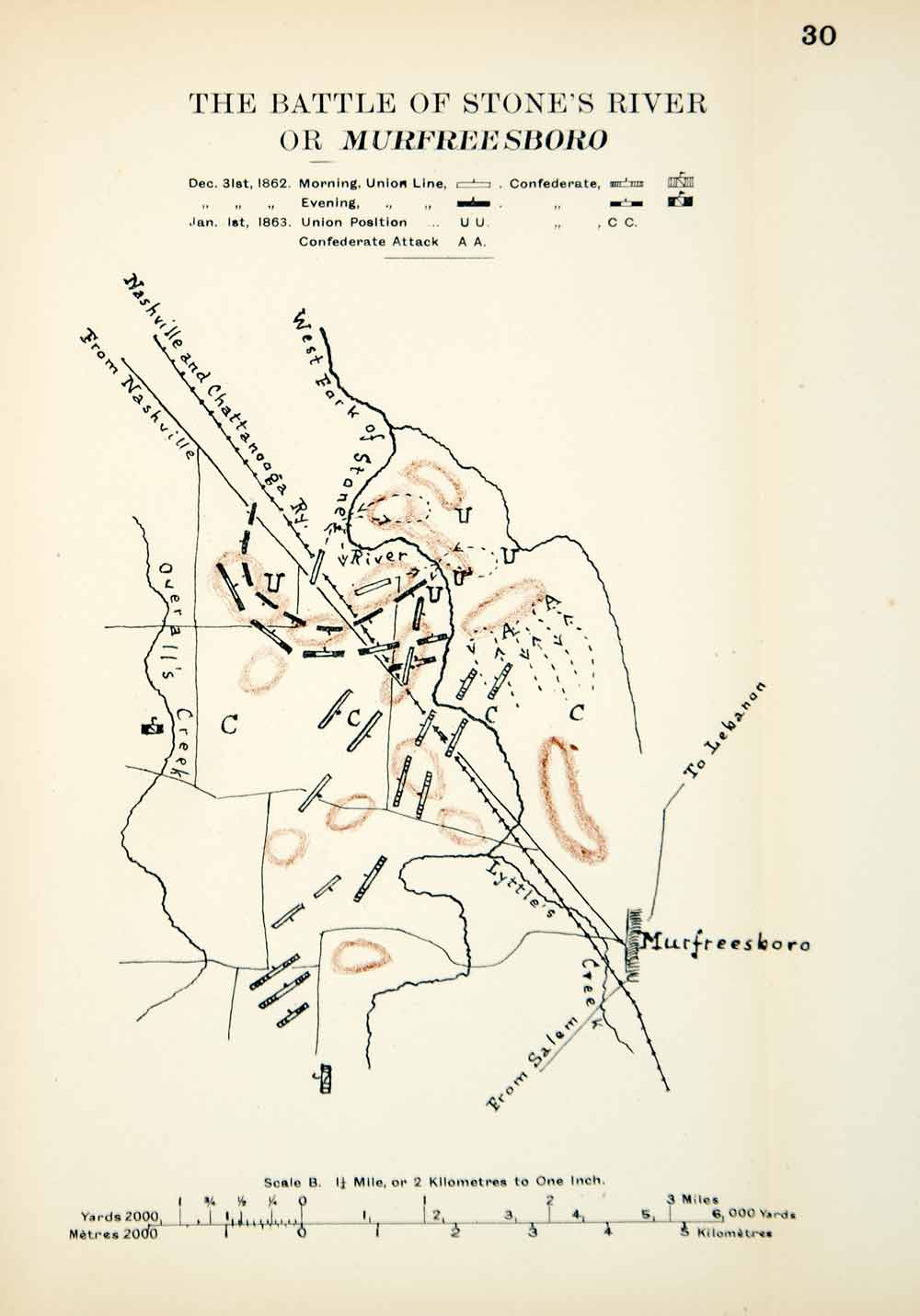 1910 Lithograph Map Stone's River Civil War Battle Murfreesboro Positions CWM1