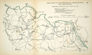 1910 Lithograph Map Chancellorsville Fredericksburg Salem Church Civil War CWM1