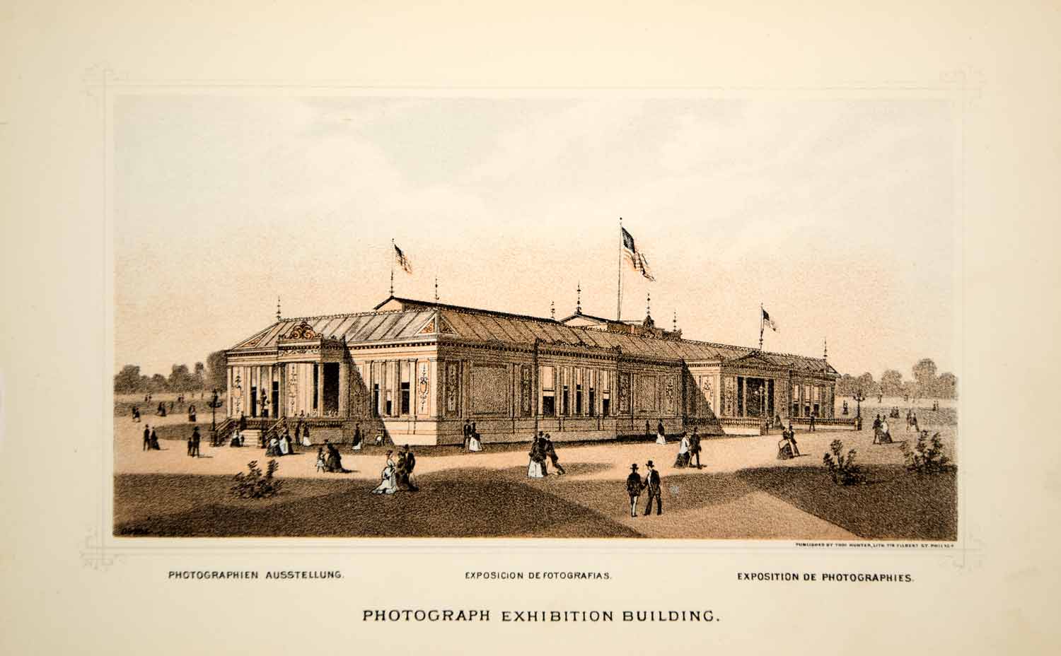 1876 Lithograph Centennial Fair Philadelphia Photograph Exhibition Building CXP1