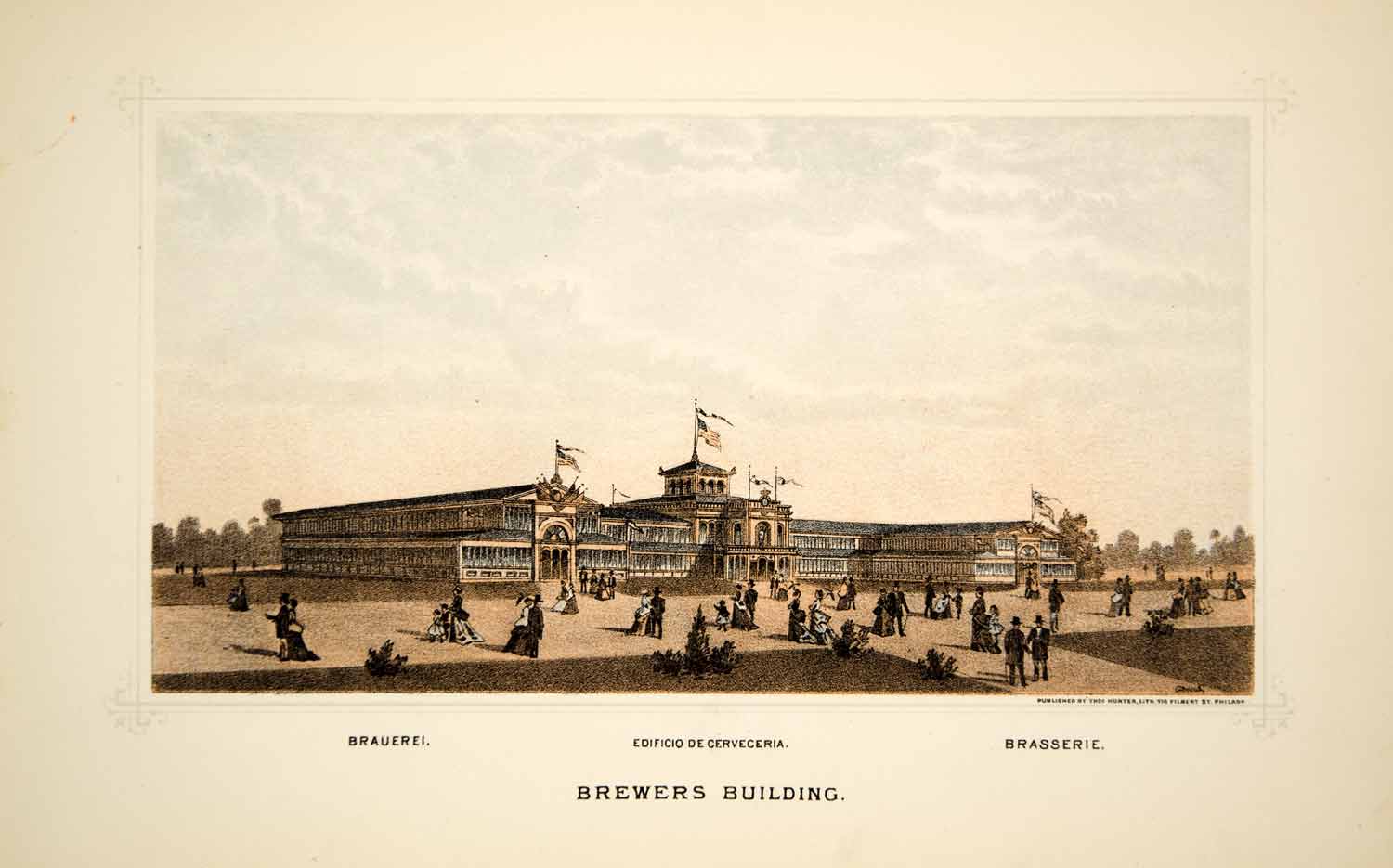 1876 Lithograph Centennial Fair Philadelphia Brewers Building Beer Exhibit CXP1