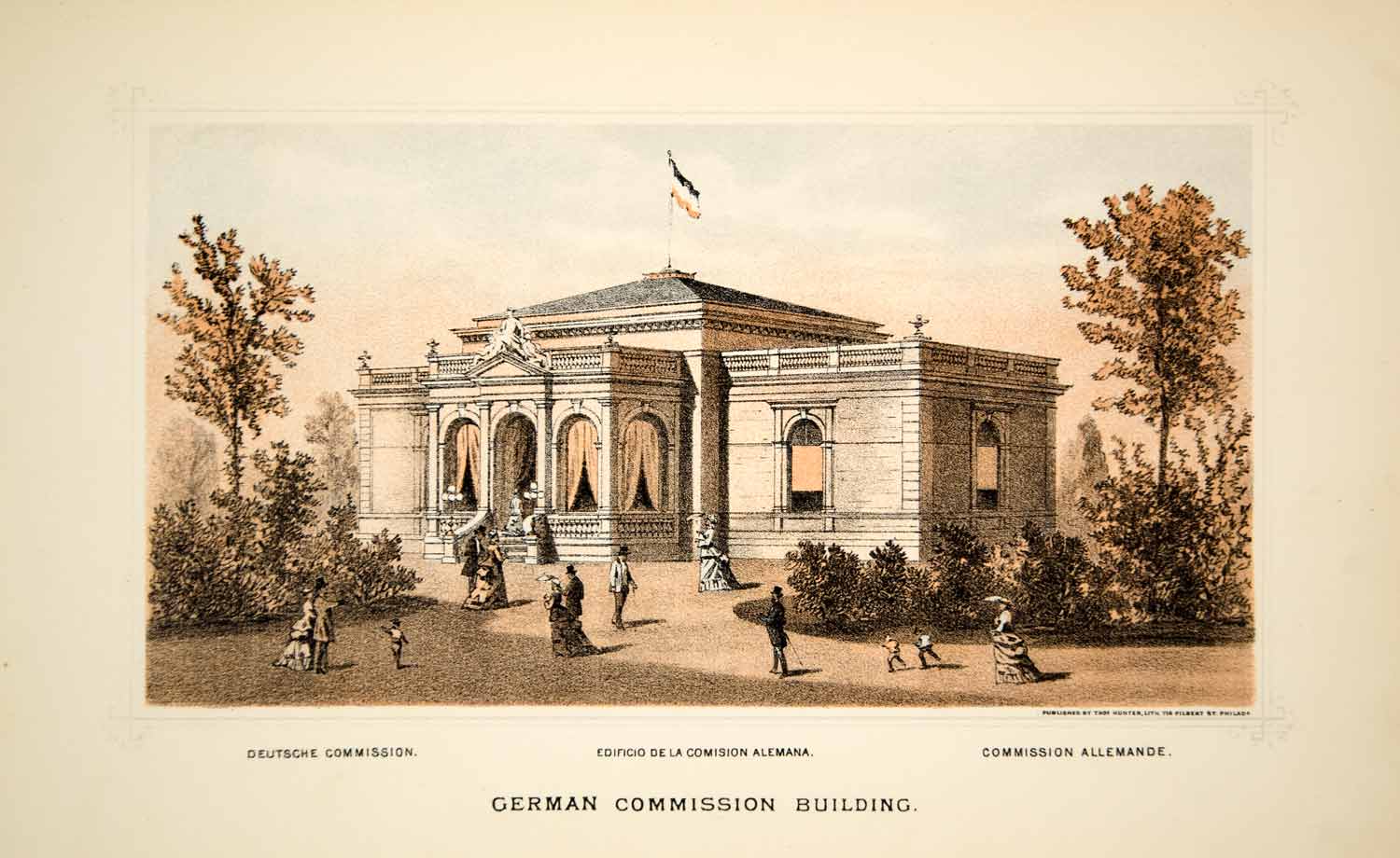 1876 Lithograph Centennial Exposition Philadelphia German Pavilion Building CXP1