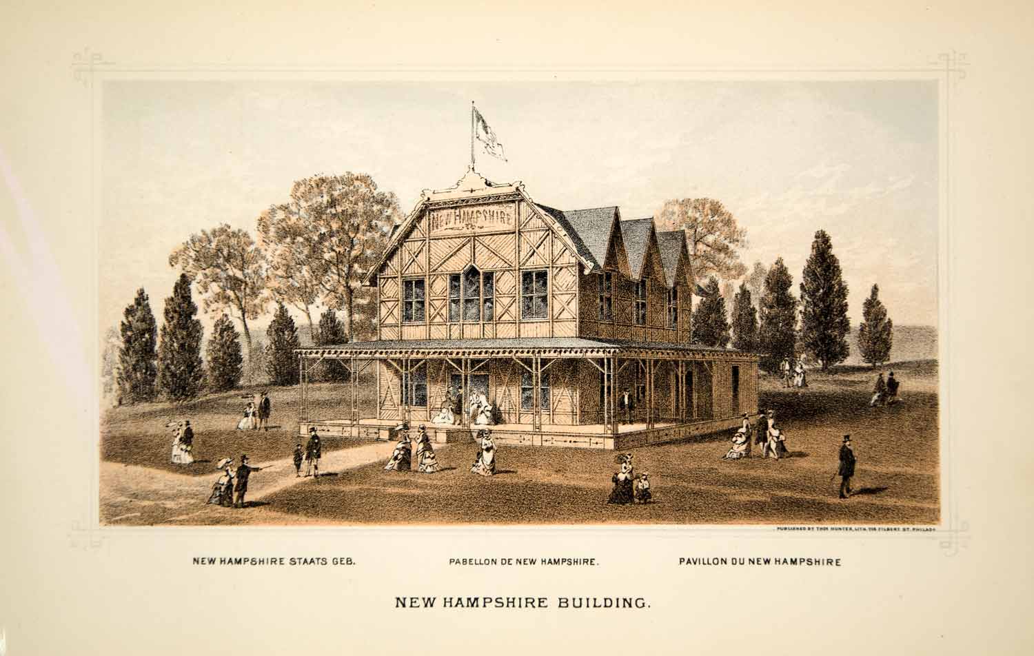 1876 Lithograph Centennial Fair Philadelphia New Hampshire State Building CXP1