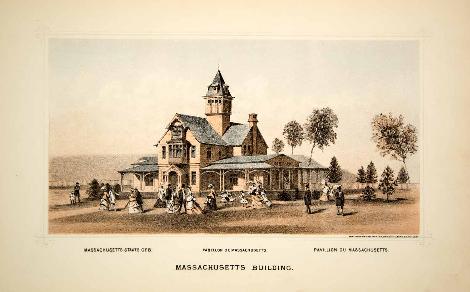 1876 Lithograph Centennial Fair Philadelphia Massachusetts State Building CXP1