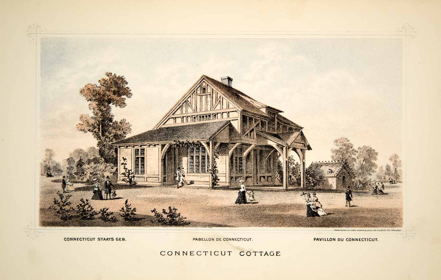1876 Lithograph Centennial Fair Philadelphia Connecticut State Building CXP1