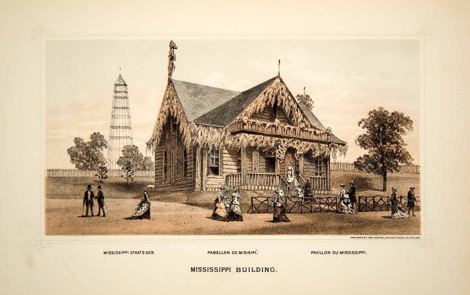 1876 Lithograph Centennial Fair Philadelphia Mississippi Building Log Cabin CXP1